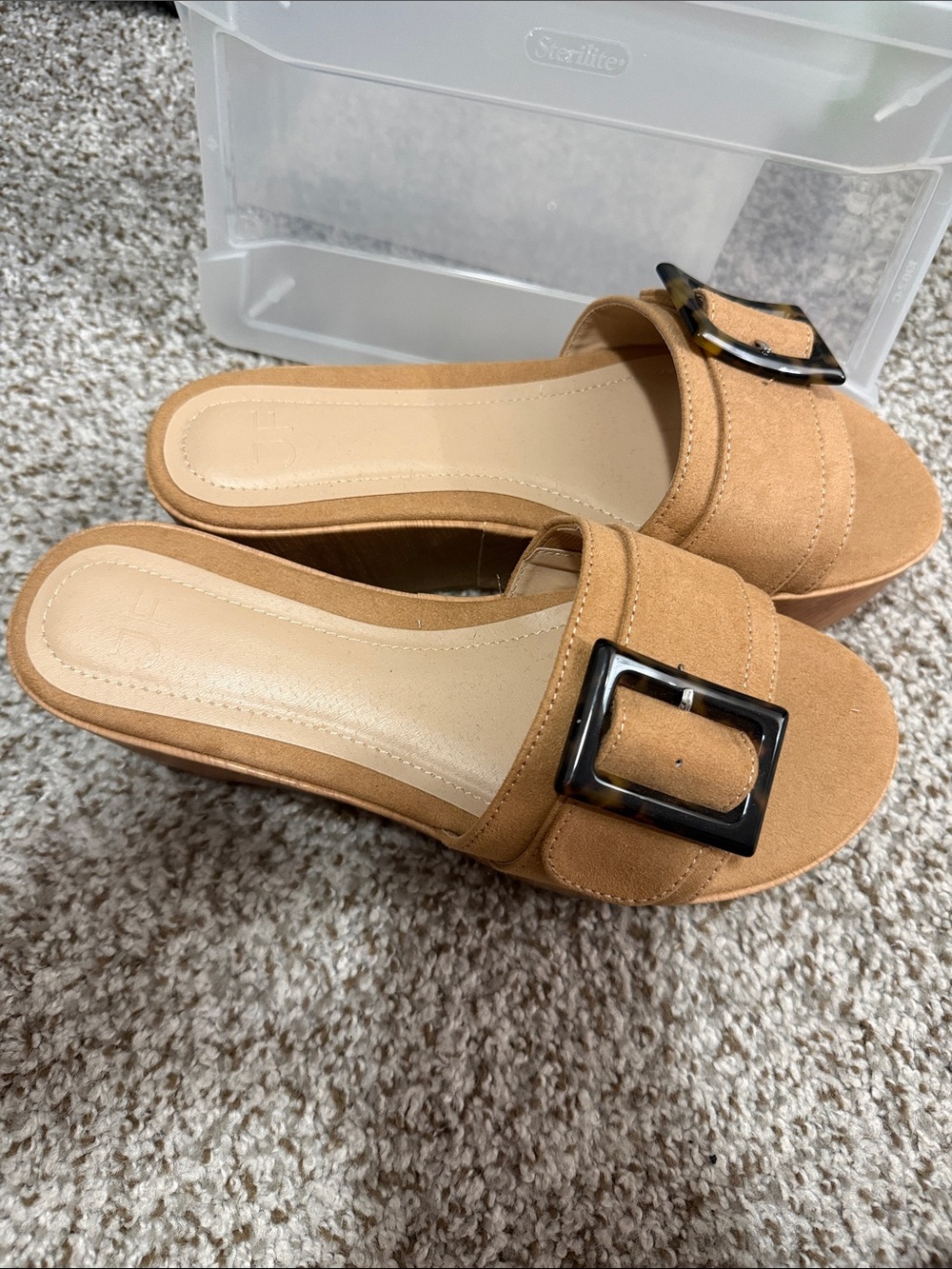 JustFab Camel Suede Slide Mules with Tortoiseshell Buckle